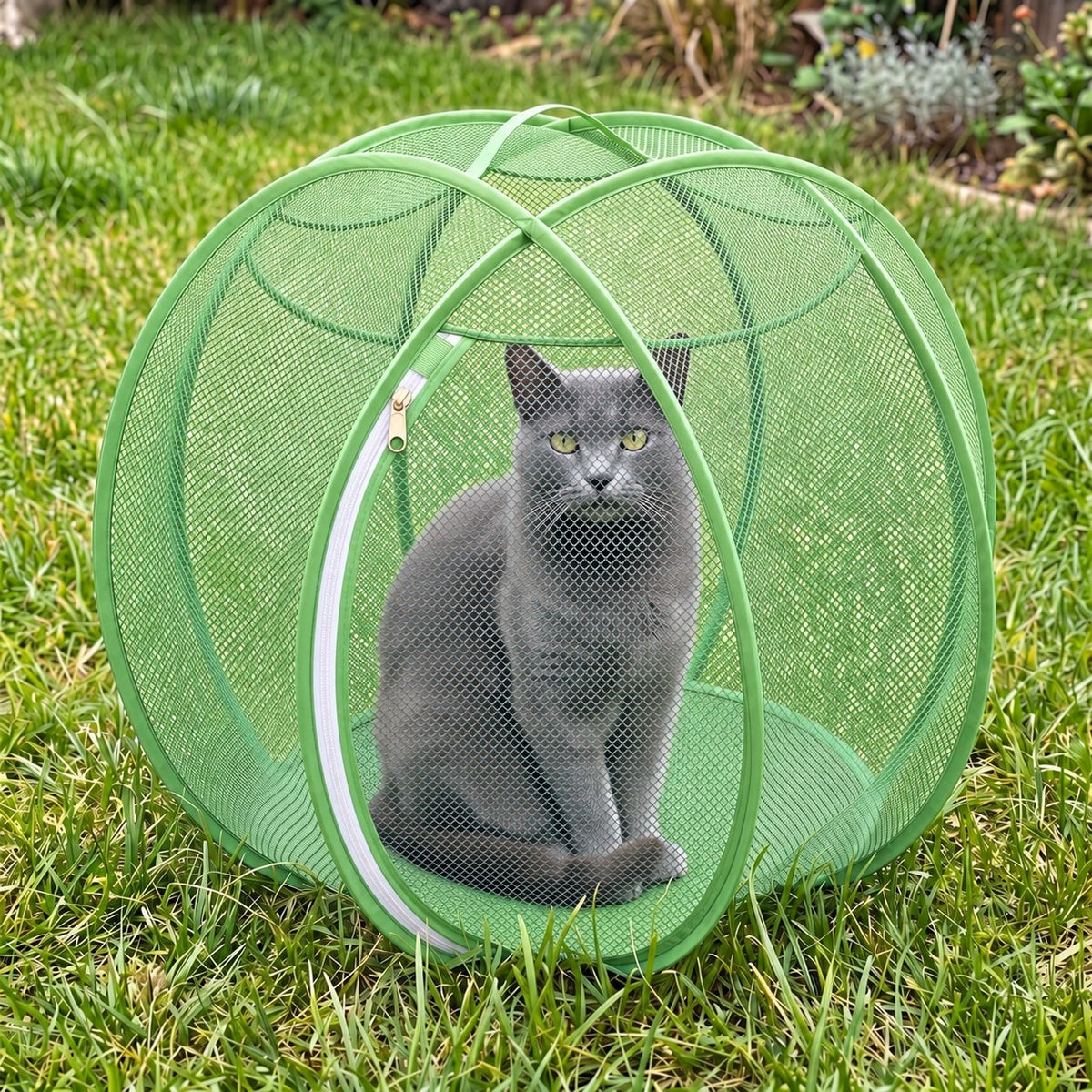 PurrNest Pop-Up Playpen in Green with a grey cat sitting inside on the grass